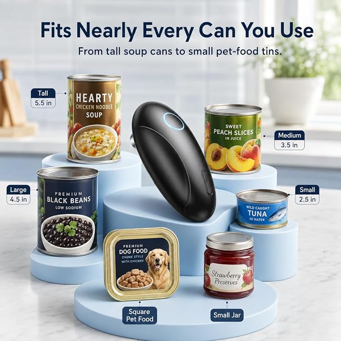 Rechargeable Electric Can Opener for Seniors & Arthritis, Automatic One-Touch Operation, Smooth Edge Cutting with Auto Stop & Magnetic Lid Lifter, Hands-Free, USB-C, Compact, Black