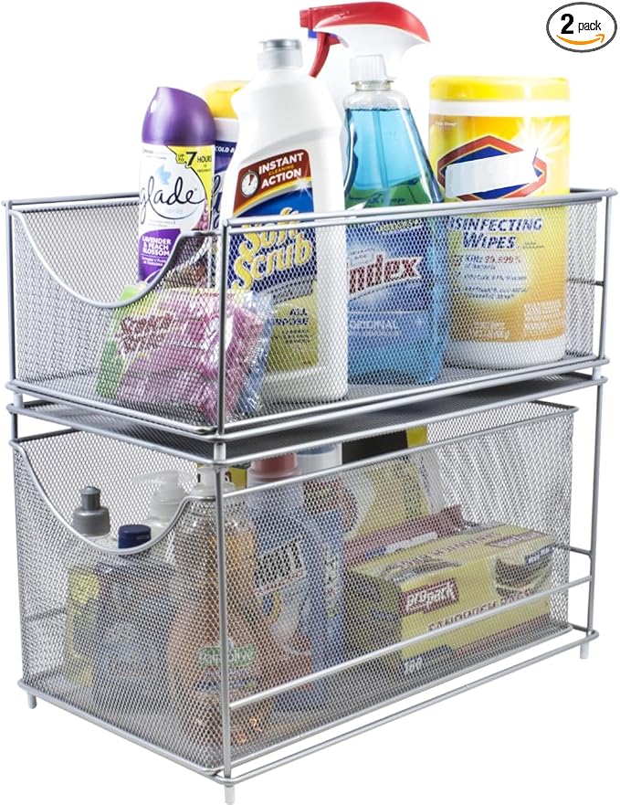Sorbus® Cabinet Organizer Set —Mesh Storage Organizer with Pull Out Drawers—Ideal for Countertop, Cabinet, Pantry, Under the Sink, Desktop and More (Silver Two-Piece Set)