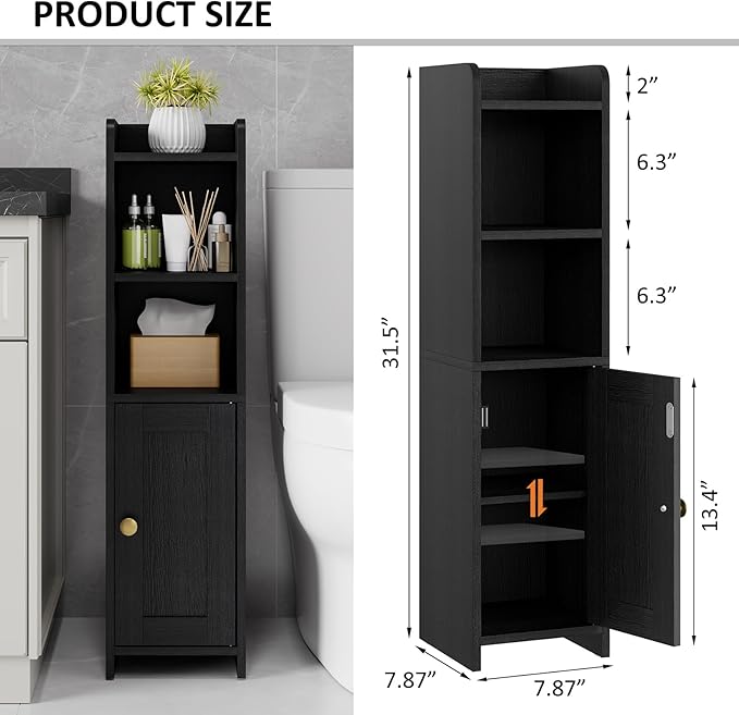 Lomojo Small Bathroom Storage Cabinet, Toilet CabinetFreestanding Bathroom Organizer for Small Spaces, Narrow Toilet Paper Corner Floor with Door and Shelves,Black