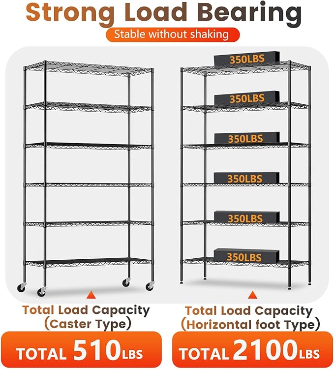 BestOffice | 6-Tier Wire Storage Shelves with Wheels | 18x45x82 | Black | Adjustable Racks | Heavy-Duty Metal Shelf, Holds Upto 2100 lbs | No-Tool Assembly | Ideal for Home & Garage Shelving