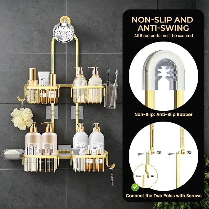 Adjustable Hanging Shower Caddy for Handheld Showerhead, Rustproof Aluminum Over Shower Head Organizer, Renter-Friendly No-Swing Storage for Tall Bottles & Soap, 2-Tier, Gold