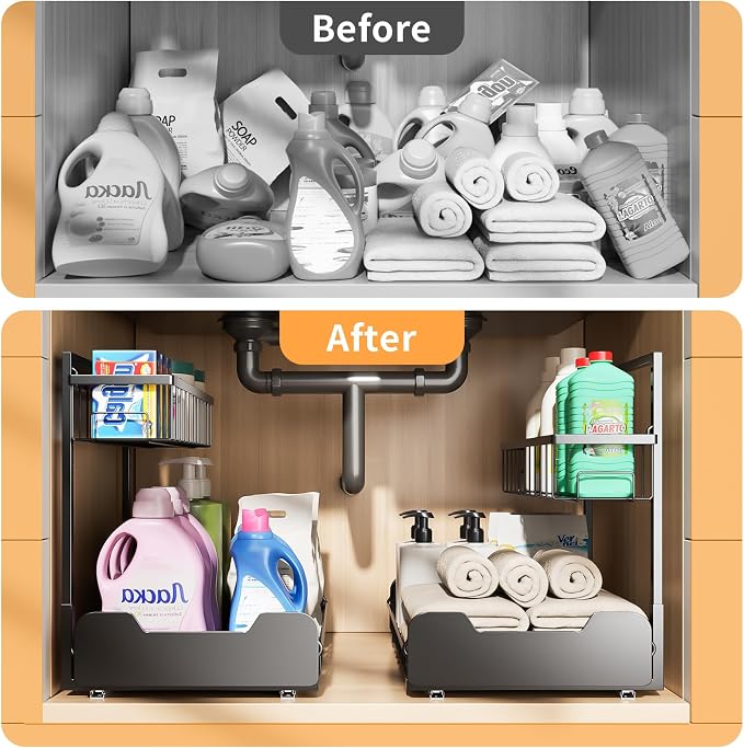PureBox Under Sink Organizer, 2-Tier L-Shaped Pull Out Cabinet Shelf with 2 Installation Methods, Adjustable Sliding Storage Drawer for Kitchen, Bathroom, Laundry, Metal, Black, 2-Pack