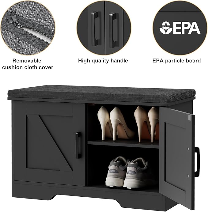 HOMSHO 2-Tier Storage Bench, 27.6" Wide Shoe Bench with Padded Seat Cushion, Entryway Bench with 2 Barn Doors and Adjustable Shelf, Black
