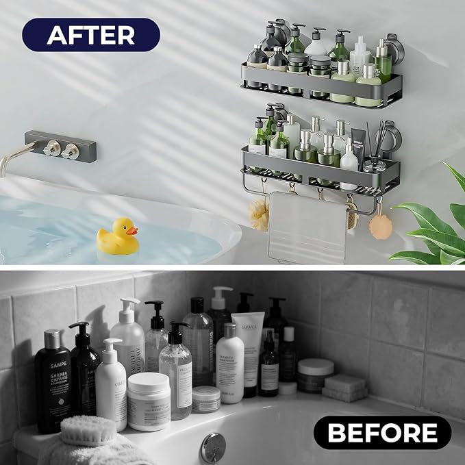 Corner Shower Caddy,Suction Cup Shower Caddy with Hooks,No Drilling Rustproof Aluminum Bathroom Organizers and Storage,Shelves for Bathroom Accessories Decor (15.7inch-Gunmetal Gray)