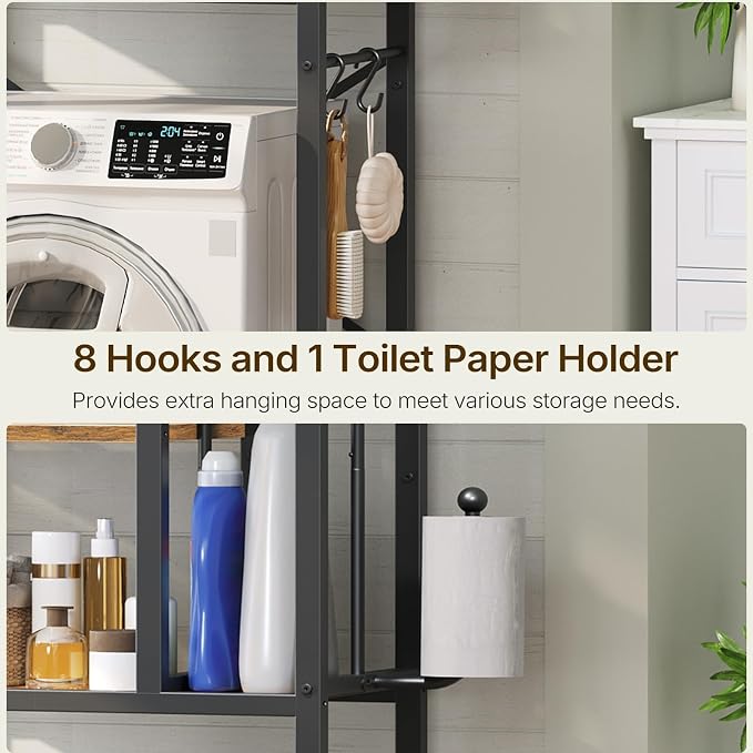 YATINEY Over The Toilet Storage Cabinet, 3-Tier Over The Toilet Storage Rack, Bathroom Organizer with Paper Holder 8 Hooks, Over The Toilet Shelf for Bathroom, Laundry, Rustic Brown and Black TR06BR