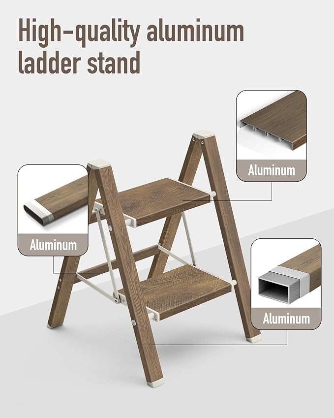 Mayi Plus 2 Step Ladder,Aluminum Folding Step Stool for Adults,Step Ladder with Wide Anti-Slip Pedal,330 lbs Capacity for Home,Kitchen,Library,Office(Cherry Woodgrain)