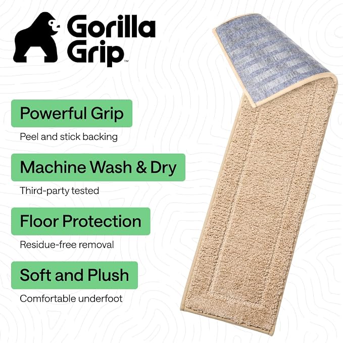 GORILLA GRIP Peel and Stick Stair Treads, 12 Pack, for Wooden Steps, Multi-Surface Use, Machine Washable Carpet Runners, Indoor Rugs for Stairs, Pet Friendly, Universal Size, Beige, 8x28 Inches