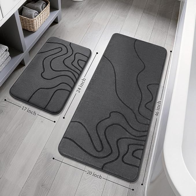 YIHOUSE Memory Foam Bathroom Rugs Sets 2 Piece - Extra Thick Ultra Soft Absorbent Bath Mat Set, Non-Slip Machine Washable Bath Rugs for Bathroom, Tub & Shower, Home Decor (17"x24"+20"x46", Dark Grey)