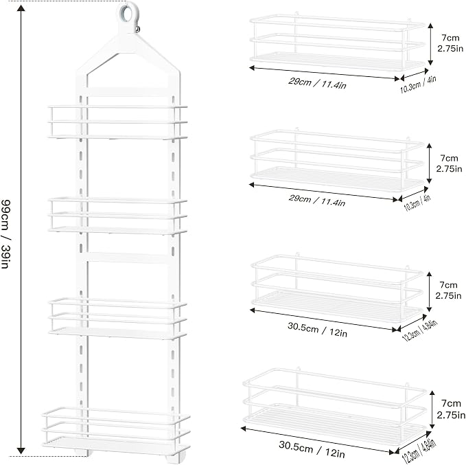 Orimade 4 Tier Adjustable Anti-slip Shower Caddy Over Shower Head, Rustproof Bathroom Hanging Organizer With 4 Hooks for Razor, No Drilling Shower Shelves Storage Rack, White
