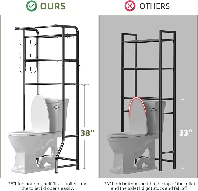 Simple Trending Over The Toilet Storage Cabinet, Metal Bathroom Shelf Organizer with Paper Holder and Hooks, 3 Tier, Black
