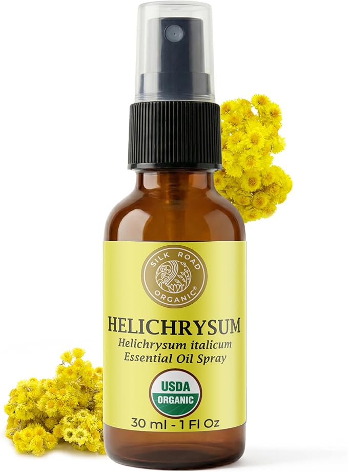 Silk Road Organic Helichrysum Italicum Essential Oil Spray for Skin Care, Wrinkles, Scars, Bruises - USDA Certified Immortelle Oil 1oz Body Spray - Always Pure, Always Organic