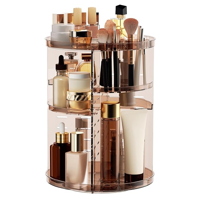 Rotating Makeup Organizer, DIY 8 Adjustable Layers Spinning Skincare Storage, Cosmetic Display Case with Brush Holder and Perfume Tray, Multi-Function Vanity Bathroom Countertop Organizer Clear Coffee
