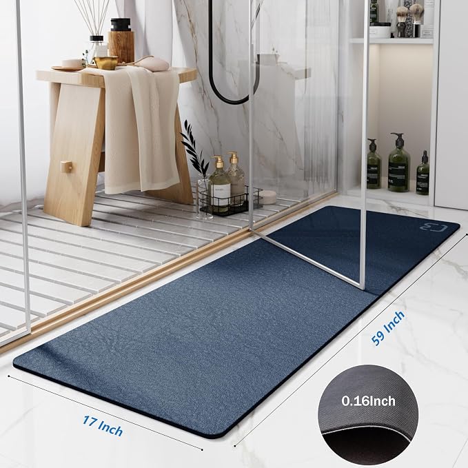 RUERYA Bath Mat 17" x 59" Extra Long Bathroom Mat Large Fast Dry Super Absorbent Non-Slip Rubber Backed Shower Mat Bath Rugs Mats for Bathroom Floor, Tub, Shower, Sink, Navy Blue