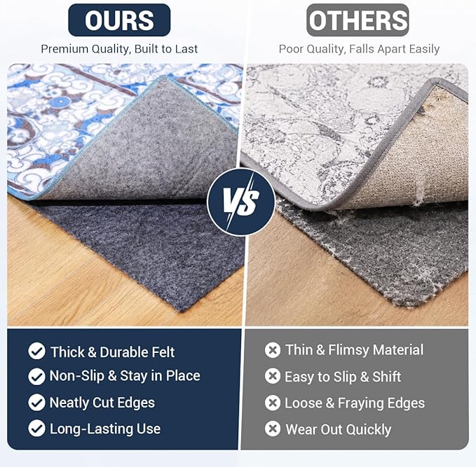 Non Slip Rug Pad 8x10 Ft, 1/8 Inch Thin Felt & Rubber Backing, Non Skid Rug Gripper for Hardwood Floors, Anti-Slip Carpet Pad for Area Rugs, Floor Protection, Moisture Resistant & Easy Trim