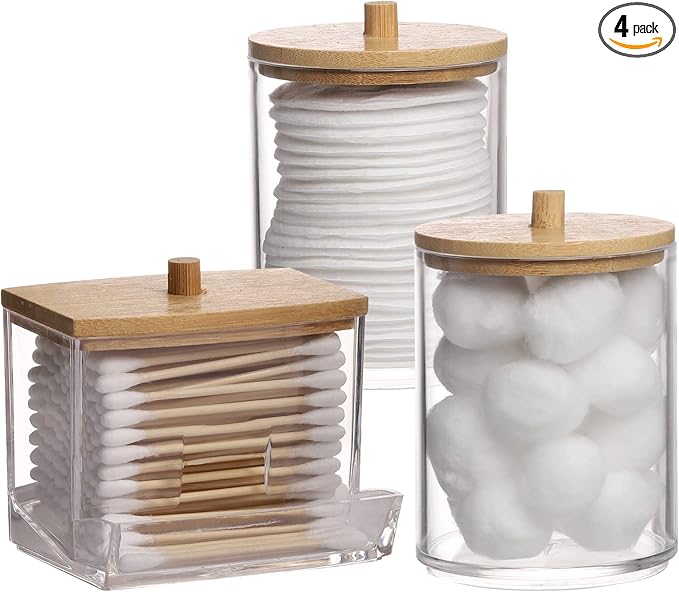Tbestmax Qtips Holder Bathroom Container, 10/7 OZ Cotton Ball/Swabs Dispenser, Apothecary Jar Organizer for Storage Wood Lids