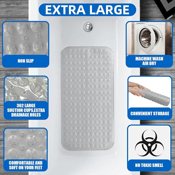 ZHICHENG Bath Mat - Shower Mat Non Slip - Long 31.88 x 15.74 Inch Bathroom Mats for Tub Nonslip - Anti Slip Bathmats - Bathtub Mat Non Slip with Massage Particles (Transparent)
