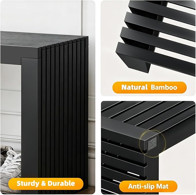 Bamboo Dining Bench, 18-inch Sleek Design Entryway Shoe Rack Bench, Indoor Kitchen Table Bench, Waterproof Outdoor Bench, Black