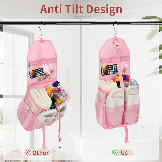 Ethereal Pink Hanging Mesh Shower Caddy Portable for College Dorm Room Essentials, Large Capacity Shower Bag for Guys/Girls, for Beach, Swimming, Gym