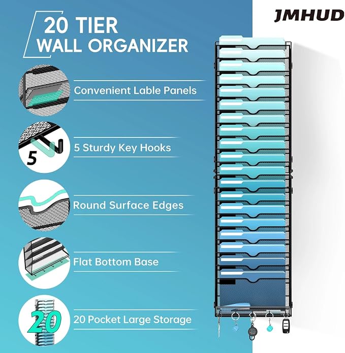 20-Tier Wall File Organizer with 5 Hooks, Hanging Mail Organizer Wall Mounted File Holder, Magazine Rack for Papers, Folders, Magazines, Office Organization, Assembly Needed, Black