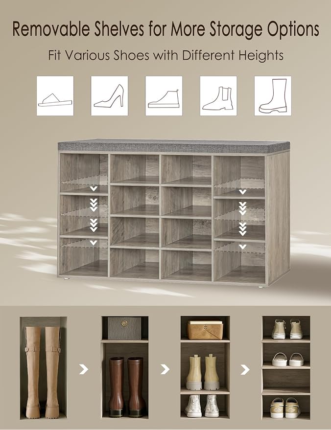 DINZI LVJ Shoe Storage Bench with Cushion, 14-Cubby Shoe Rack, Adjustable Shelves, Multifunctional Shoe Organizer Bench for Entryway, Mudroom, Hallway, Living Room, Bedroom and Garage, Gray Wash