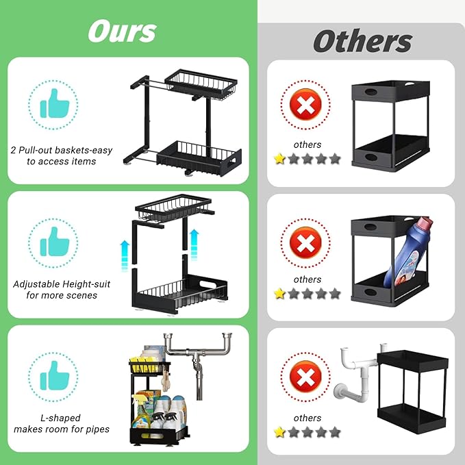 Adoymiro Under Sink Organizer, Adjustable Shelves, 2 Pack Pull Out Cabinet Organizer Slide Out Sink Shelf Cabinet Storage Shelves, Under Sink Storage for Kitchen Bathroom Cabinet