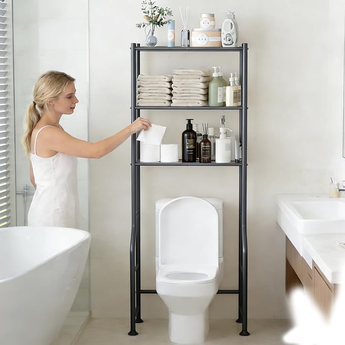 Livilord 3-Tier Over The Toilet Storage Rack, Space Saver Metal Bathroom Shelves, Freestanding Over Toilet Bathroom Organizer for Bathroom/Living Room (Black)
