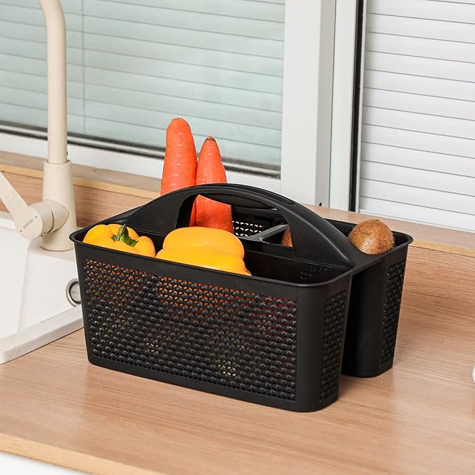 UUJOLY Plastic Portable Shower Caddy Basket Bucket, Cleaning Shower Basket with Handle Compartments Storage Basket Organizer for Bathroom Kitchen College Dorm Sink, Black