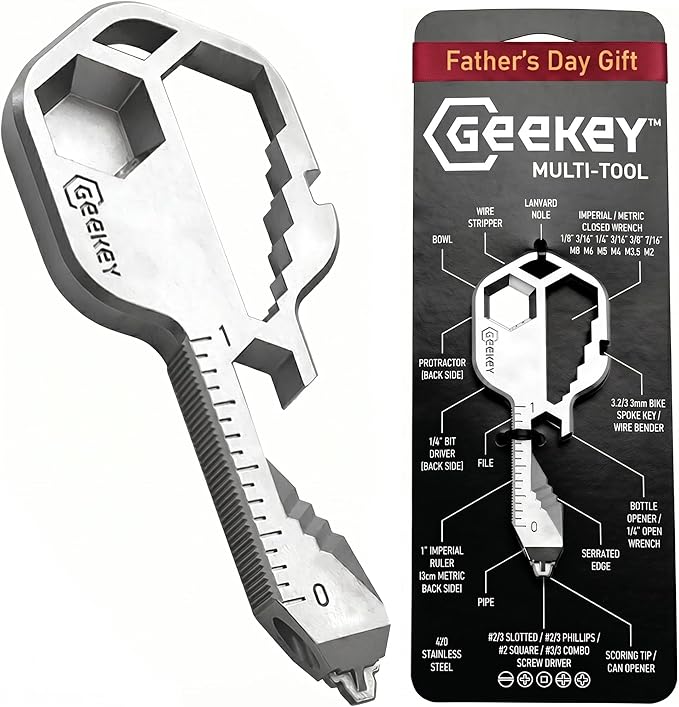 Geekey Keychain Multitool – Key Tool with 16+ Functions | Bottle Opener Keychain, EDC Multitool, Screwdriver, Wrench, Box Cutter | Good for Travel, Outdoor, Hiking | TSA Safe