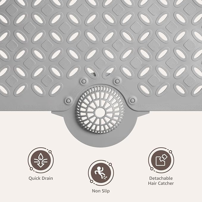 OTHWAY Bath Mat for Tub Non Slip: 39" X 17" Long Bathtub Mat with Hair Catcher│Big Drain Holes Shower Mats for Inside Shower│Machine Washable (Grey)