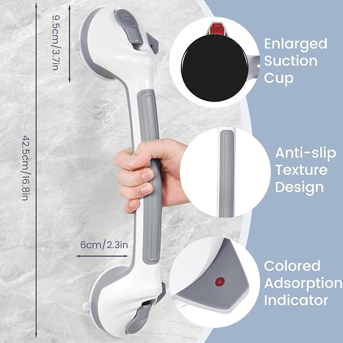 Reyiu Grab Bars for Shower, 16.5 Inch Shower Handle with Safety Indicators, Suction Cup Bathroom Grab Bar for Elderly, Seniors, Handicap - No Drill, Waterproof, Removable (2 Pack)