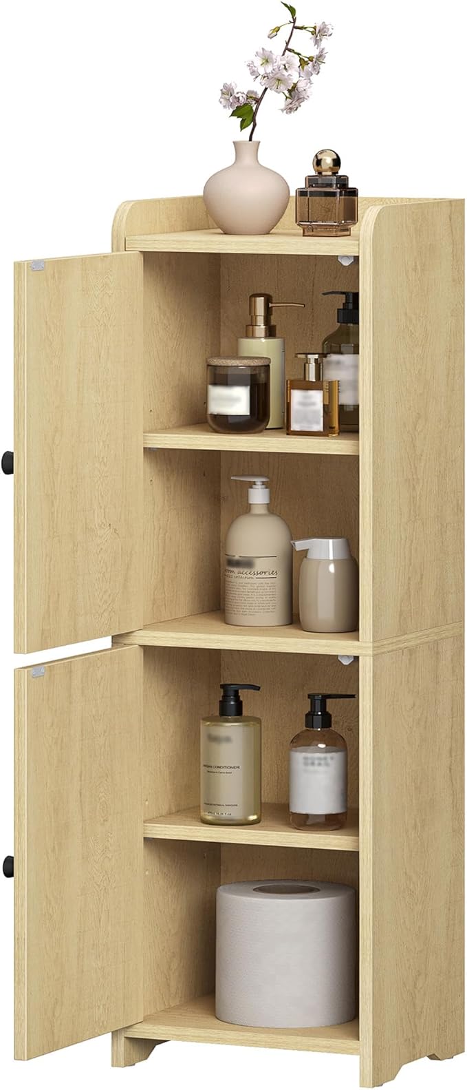 Hzuaneri Bathroom Storage Cabinet, Small Corner Floor Cabinet with 2 Doors and Adjustable Shelf, Narrow Toilet Paper Cabinets, Bathroom Organizer for Small Spaces, 7.9" D x 9.8" W x 29.5"Rattan Yellow