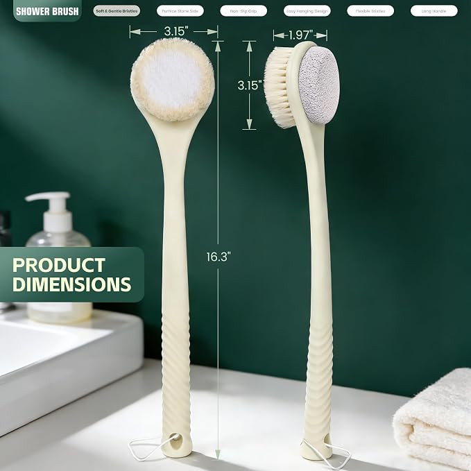 Back Scrubber for Shower, Long Handle Exfoliating Brush, Dual-Sided Bath Brush with Soft Bristles & Volcanic Pumice Stone, Anti-Slip Grip for Men & Women (Light Yellow)