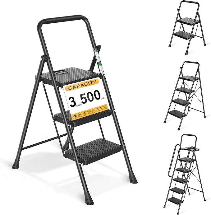 Arbusb Step Ladder, Folding Step Stool with Wide Anti-Slip Pedals, Sturdy Steel Ladder with Handrail, Space-Saving, Portable for Home & Adults, 3 Step Ladder