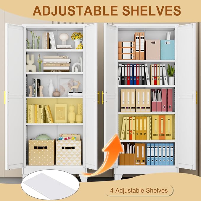 71" White Metal Garage Storage Cabinet with 2 Doors and 4 Adjustable Shelves,Kitchen Pantry Cabinet,File Cabinet,Steel Tool Cabinet for Home,Office,Garage,School,Warehouse