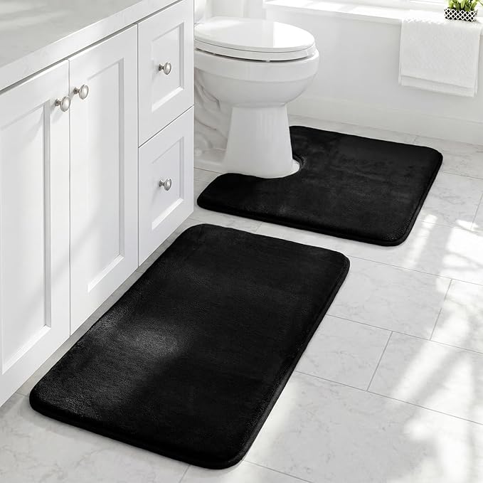 HUXMEYSON Bathroom Rugs Sets 2 Piece, Non-Slip & Quick Dry Bath Mat Set, Ultra Soft Velvet Bath Rugs for Bathroom, Toilet and Shower Floor, Black