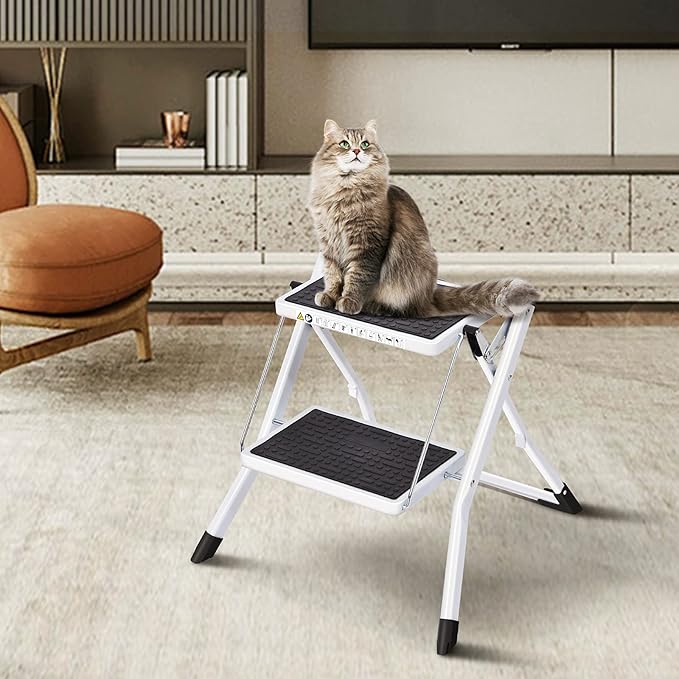 KINGRACK Folding Step Ladder, 2 Step Foldable Step Stool, Portable Stepladder with Handle, Non-Slip Rubber Mat, Release Button, Small Household Stepping Stool for Home Kitchen, for up to 330lbs, White