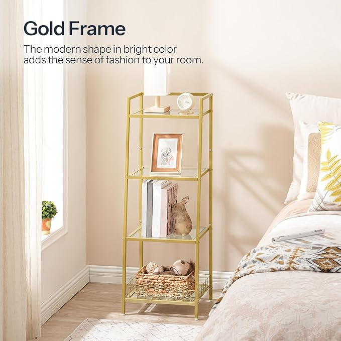 HOOBRO Gold Glass Shelf Stand, 4 Tier Standing Shelf Unit, Bathroom Organizer and Storage, Floor Storage Shelves Waterproof, for Bathroom, Laundry, Toilet, Tempered Glass, Gold GD79CJ01