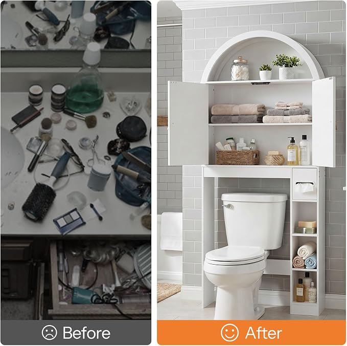 HOOBRO Over the Toilet Storage Cabinet, 67.7'' Tall Bathroom Organizer with Wave Doors, Arched Design with Adjustable Shelf, Toilet Paper Holder, Freestanding Cabinet for Narrow Space, White WT26TS01