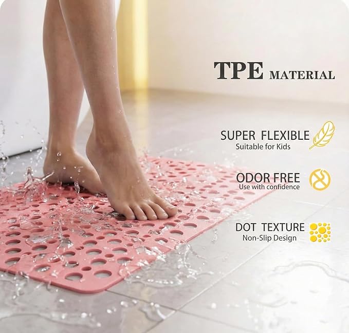 Nonslip Bathtub Mat Extra Soft TPE Bath Mat for Kids, Machine Washable Bathroom Shower Mat, Smooth/Non-Textured Tubs Only, 30L x 17W Inch (Pink)