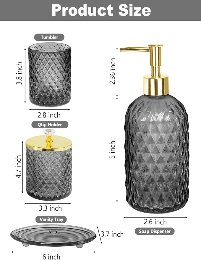 Haturi Gray Glass Bathroom Accessories Set, 4-Piece - Lotion Soap Dispenser, Toothbrush Holder, Cotton Swab Jar & Soap Dish – Elegant Gold Accent for Countertop & Housewarming Gift