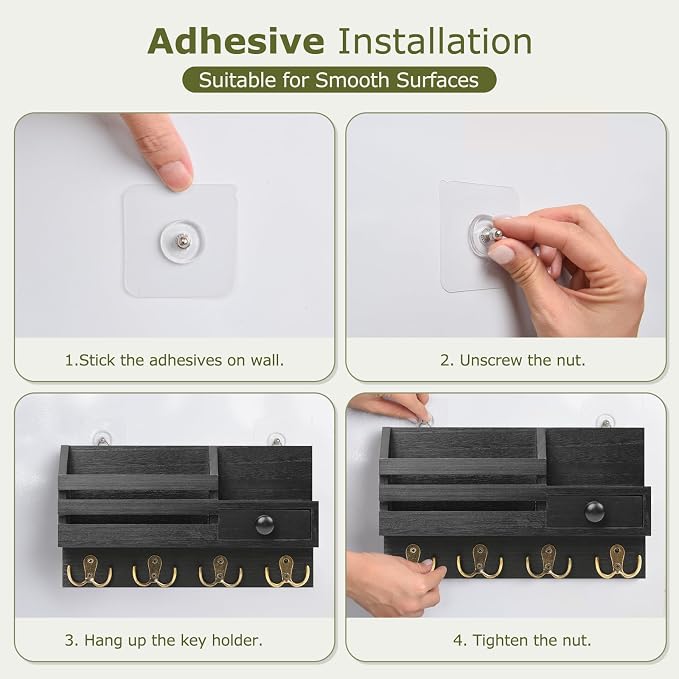 Key Holder Wall Mount, Wooden Adhesive Mail and Key Organizer with Drawer, Small Shelf, 8 Hooks, 2 Installation Methods, Black