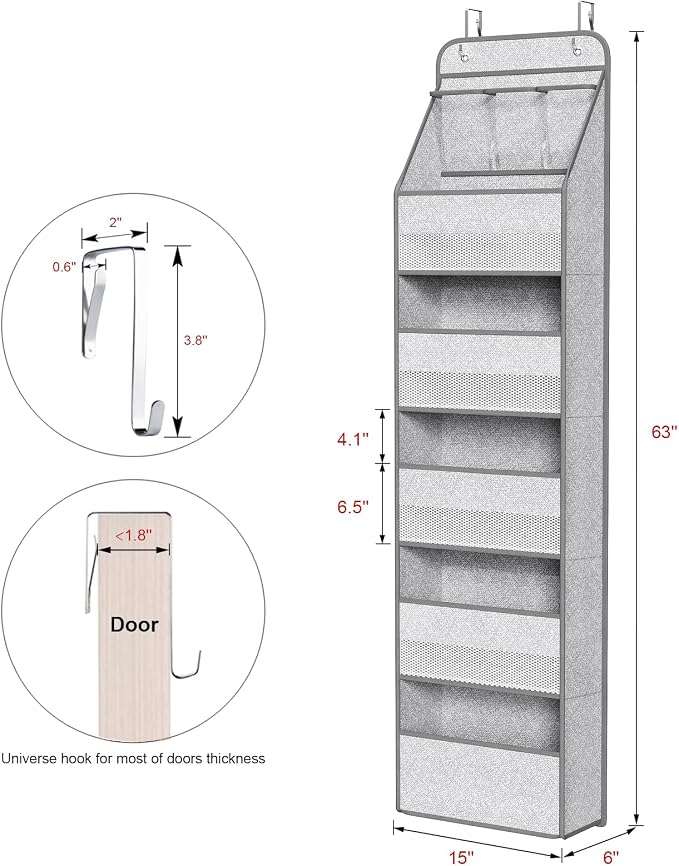 Univivi 6-Shelf Over Door Hanging Organizer Fabric Baby Door Storage with 5 Large Pockets and 3 Small PVC Pockets Wall Mount Hanging Storage Organizers for Baby Essential (Grey Pattern)