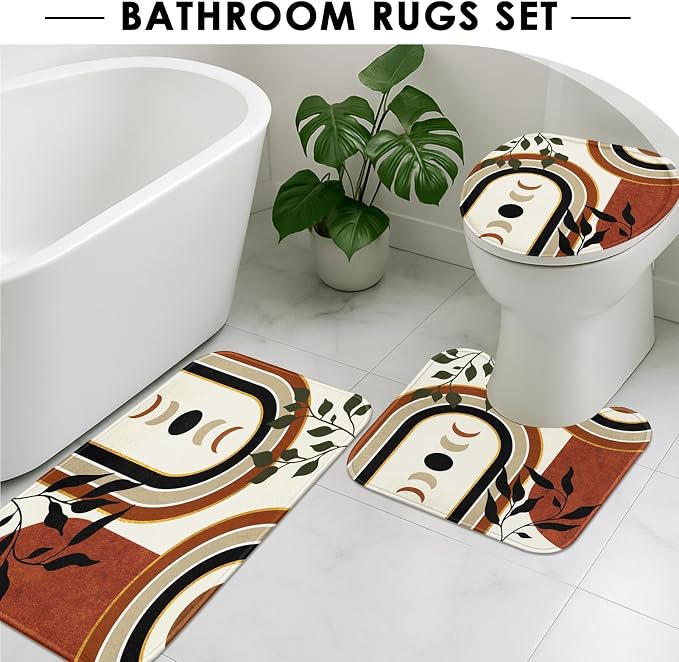 Boho Mid Century Shower Curtain Set with Toilet Lid Cover and Non-Slip Rugs, Cute Aesthetic Abstract Leaves Geometric 4 Pcs Modern Minimalist Shower Curtain for Bathroom Set with 12 Hooks
