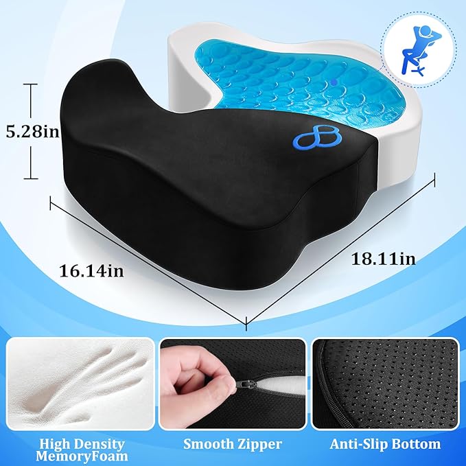 CushyOasis Seat Cushion, Gel Chair Cushions, Office Chair Cushions, Anti-Slip Bottom & Removable Cover Tailbone Pain Relief Cushion, Memory Foam Seat Cushion, 5.28 in Thick (Black)