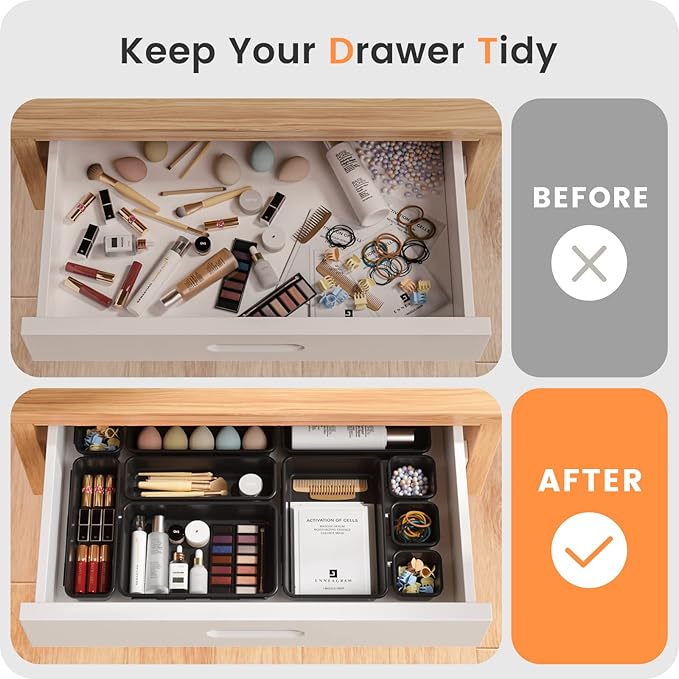 A-LuGei 【Military Grade Drawer Organizer, 【𝟱𝗦𝗶𝘇𝗲】 Makeup organizer, 【Holds 177 Items】 Bathroom Organizers and Storage, Organization and Storage, Desk Drawer Organizer for Vanity (Black)