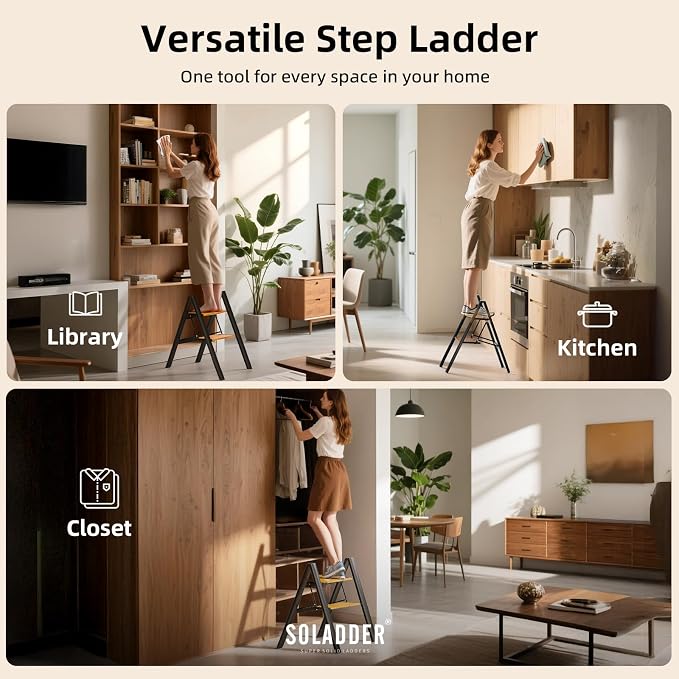 SOLADDER 2 Step Ladder, Anti-Slip and Lightweight Foldable Step Stool for Adults to Use in Kitchen, Closet and Library, 300lbs(Black&Woodgrain)