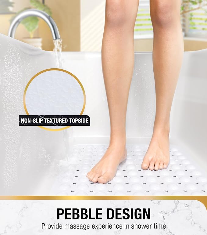 HITSLAM Bath Mat for Tub, Non Slip Bathtub Mat, 40 x 16 Inch Extra Long Bath Tub Mat, Machine Washable Bathroom Shower Mat with Suction Cups and Drain Holes, Soft on Feet, White