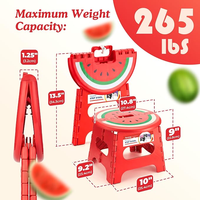 ACSTEP Folding Step Stool 9 Inch, Sturdy Collapsible Step Stool Foldable Up to 265 lb for Kids Toddlers & Adults, Non Slip Foot Stools w/Handle for Kitchen, Bathroom, Bedroom, Outdoor, Watermelon Red