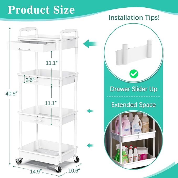 SUNALLY 4 Tier Rolling Utility Cart with Drawer, Storage Organizer Cart with 2 Lockable Wheels, Multifunctional Rolling Storage Cart for Bathroom, Kitchen, Craft, Makeup, Baby Essentials, White