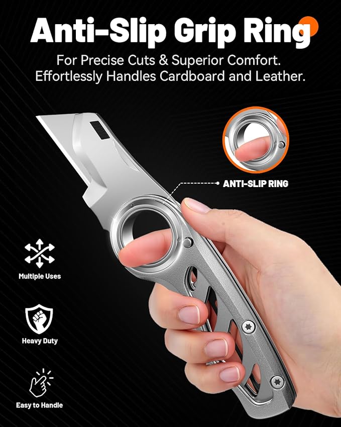 Folding Utility Knife Pocket Knife, Heavy-Duty Box Cutter with Anti Slip Finger Loop, Quick Change Blade Razor Knife, Box Cutters for Home, Office, Warehouse, Durable Razor Knife, Box Knife (Grey)